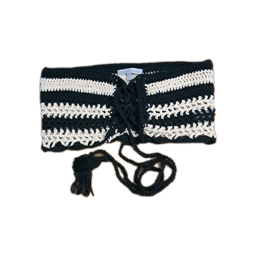 Charlotte Russe Crochet Tube Top S Black White Striped Boho Festival LaceUp Y2K